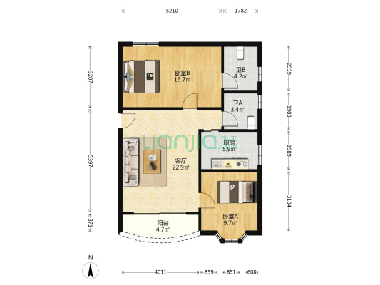 创业楼 2室1厅2卫 96平方