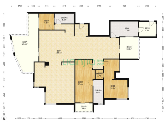 金域中央五期 2室1厅2卫 242平方