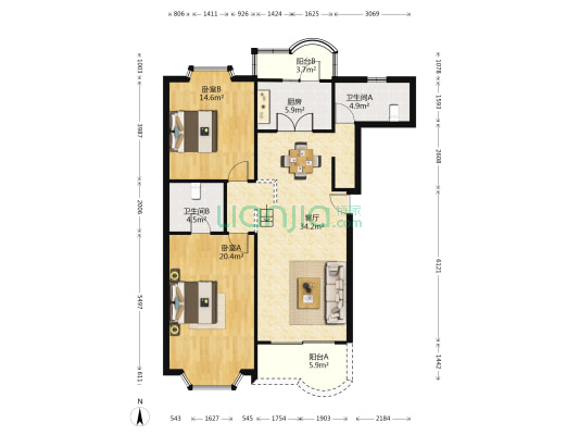 虹桥紫京苑(公寓) 2室1厅2卫 112平方