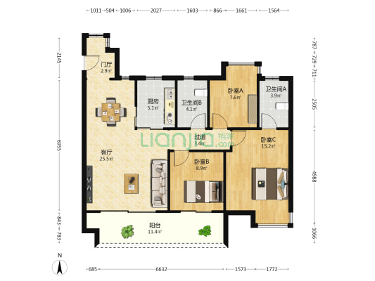 联发万科海上明月南区 3室1厅2卫 114平方