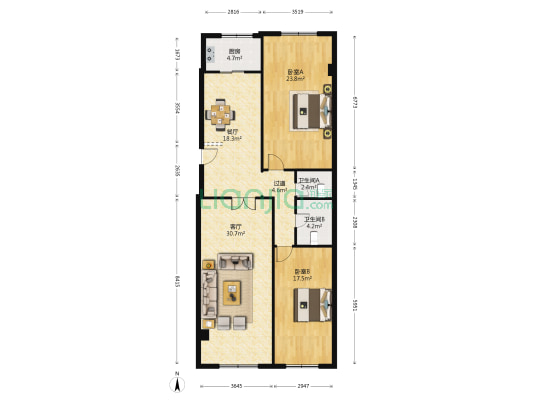于家巷 2室2厅2卫 122平方
