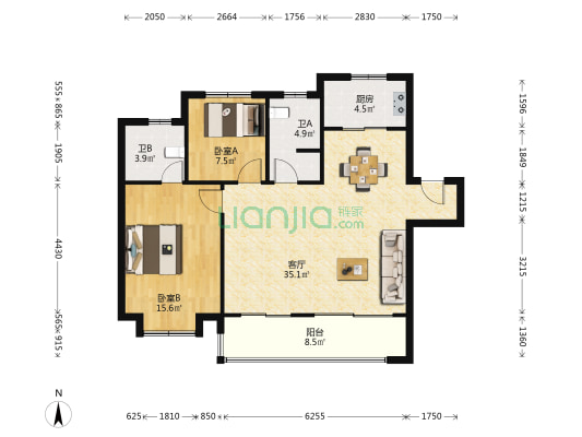 乐富强文宸悦府 2室1厅2卫 107平方