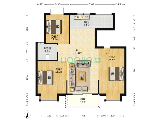 文璟臻苑 3室1厅1卫 109平方