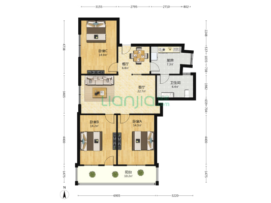 新建区百商1栋 3室2厅1卫 112平方