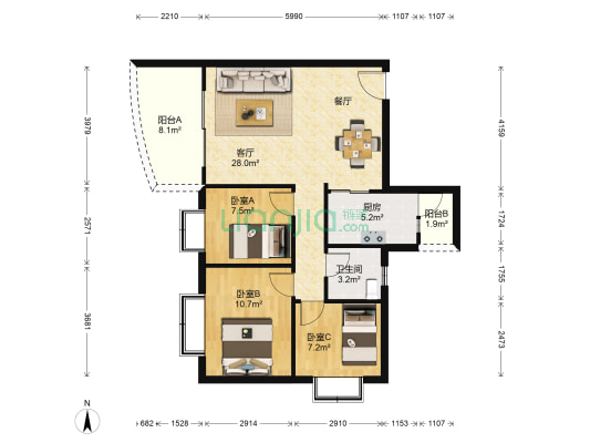 阳光假日花园 3室1厅1卫 78平方