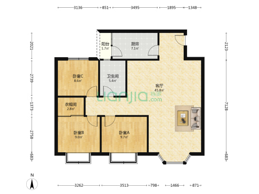 迎晖路75号 3室1厅1卫 106平方