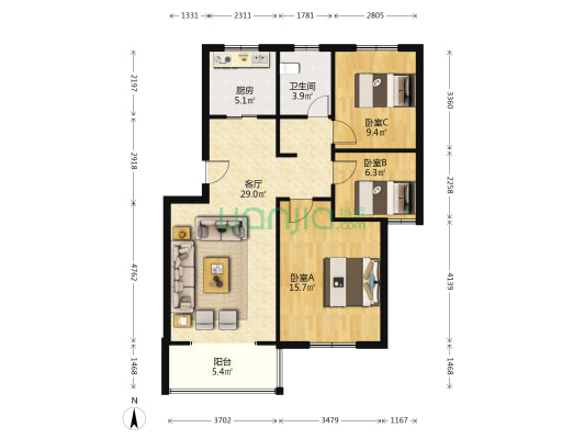 云华雅园 3室1厅1卫 89平方