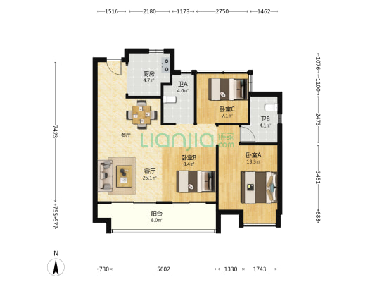 邦泰万城滨湖未来 3室1厅2卫 105平方
