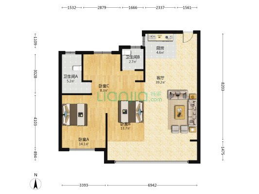 旭信翡翠滨江 3室1厅2卫 109平方