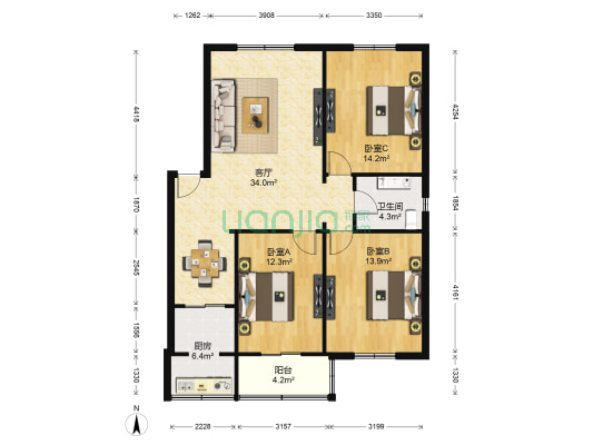 东方开元小区 3室1厅1卫 111平方