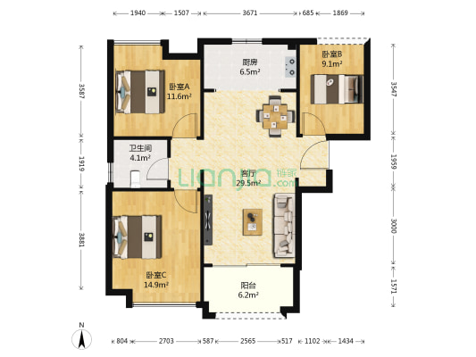 华地翡翠蓝湾二期 3室1厅1卫 97平方