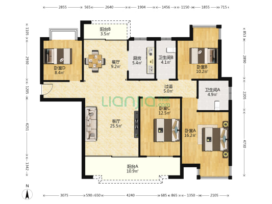 建亨信江院子 4室2厅2卫 137平方