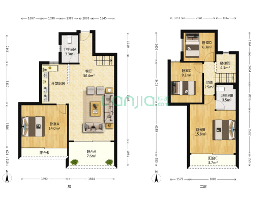 向南海德大厦 4室1厅2卫 87平方