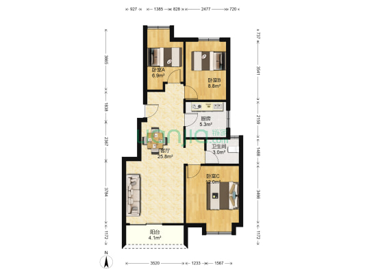 万科公园大湖 3室1厅1卫 85平方