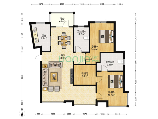嘉业阳光城天景苑一期 2室1厅2卫 141平方