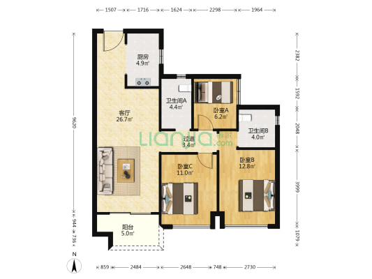 海伦堡弘阳悦江一號 3室1厅2卫 94平方