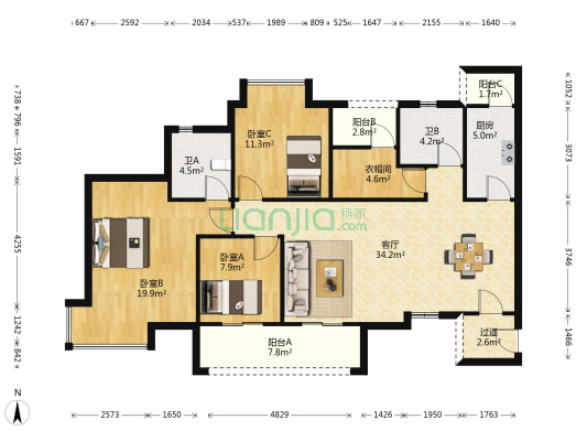 爱情谷 3室1厅2卫 122平方