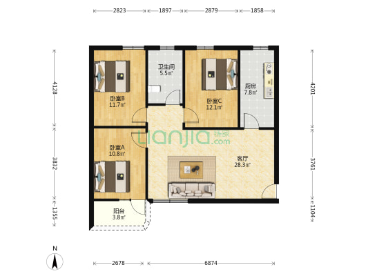 亚百利商住楼 3室1厅1卫 96平方