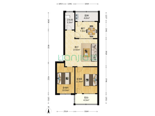 同心园小区 2室2厅1卫 70平方