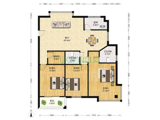 罗华景园 3室1厅2卫 133平方