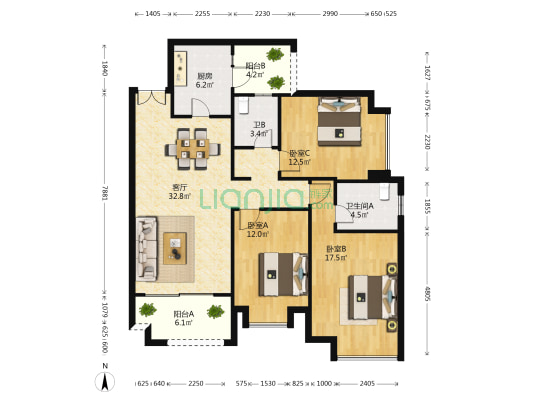 人居盛和林语北区 3室1厅2卫 120平方