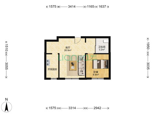 中天北湾新城四期 1室1厅1卫 57平方