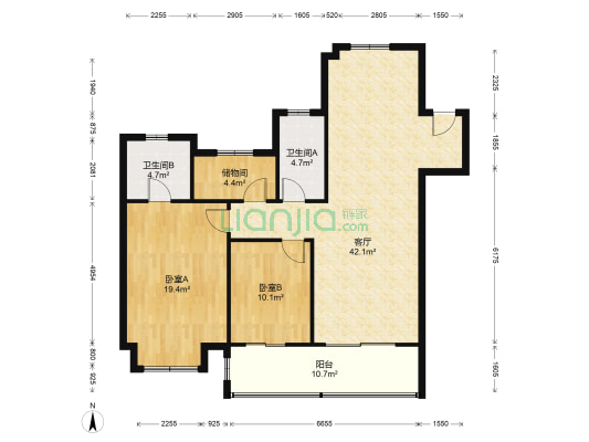 吾悦首府 2室1厅2卫 135平方