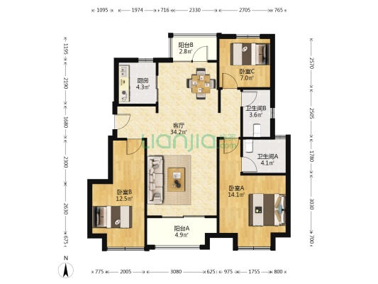 美的美慈园 3室1厅2卫 105平方