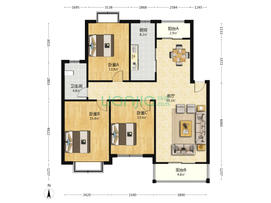 水岸馨都 3室1厅1卫 124平方