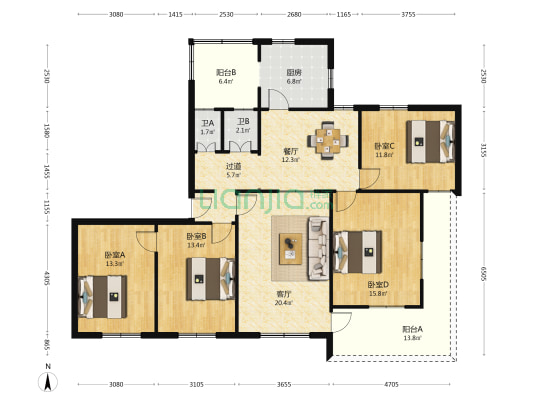 南坛南路一号三号五号 4室2厅2卫 136平方