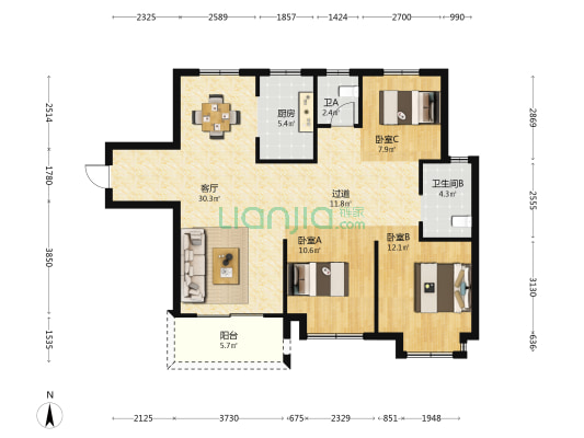龙宸璟庭 3室1厅2卫 118平方