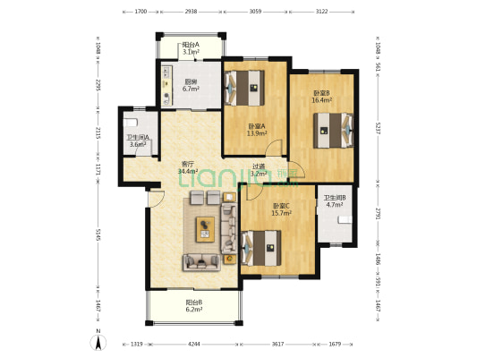 金湖家园 3室1厅2卫 126平方