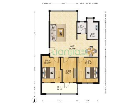 湘计花园 3室1厅1卫 91平方