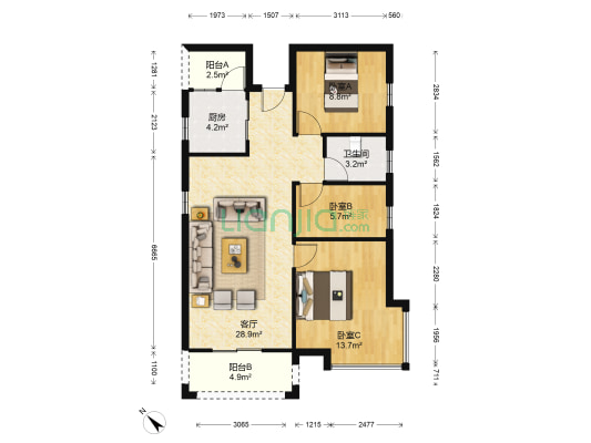 水岸山城 3室1厅1卫 91平方