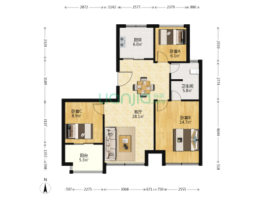 中梁天御二区 3室1厅1卫 89平方