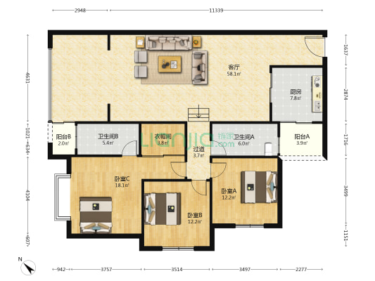 烟草集资楼 3室1厅2卫 151平方