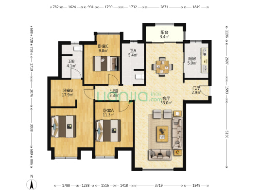 金地中交麓谷香颂 3室1厅2卫 121平方