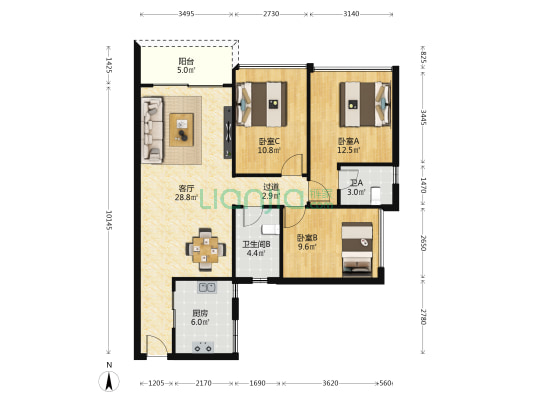 创雄华府 3室1厅2卫 101平方