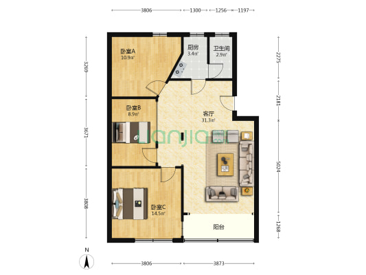 普安大厦 3室1厅1卫 86平方