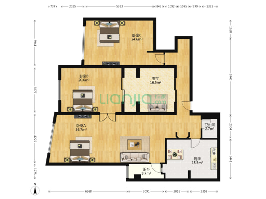 正东国际大厦 3室1厅1卫 210平方