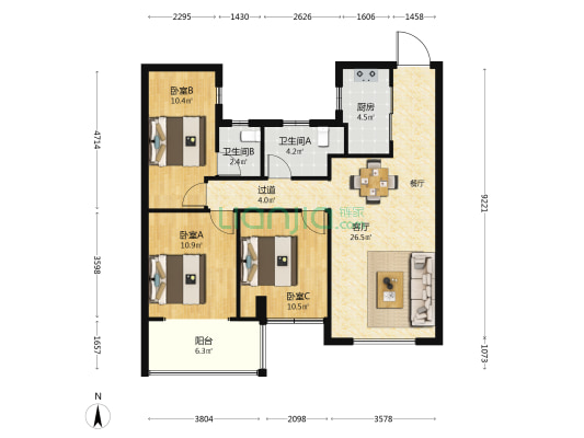 恒宇尊品 3室1厅2卫 107平方