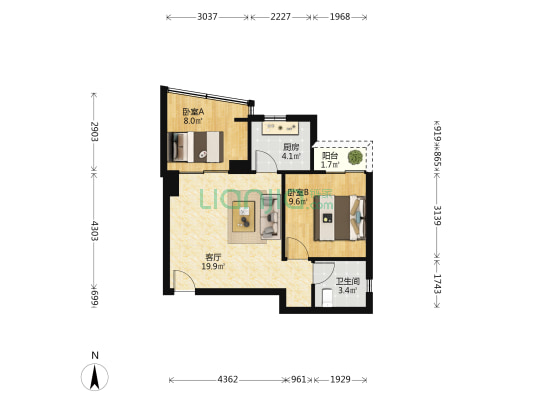 中山海景广场 2室1厅1卫 54平方
