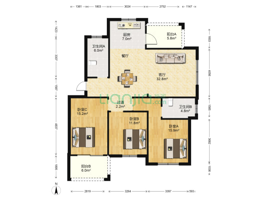 景瑞苑 3室1厅2卫 124平方