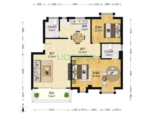 张溪 2室2厅2卫 108平方