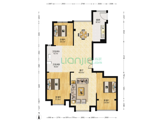 港盛花园 3室1厅2卫 140平方