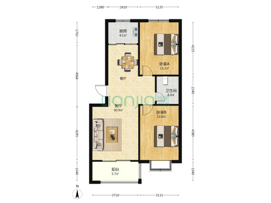 北海花园 2室1厅1卫 87平方