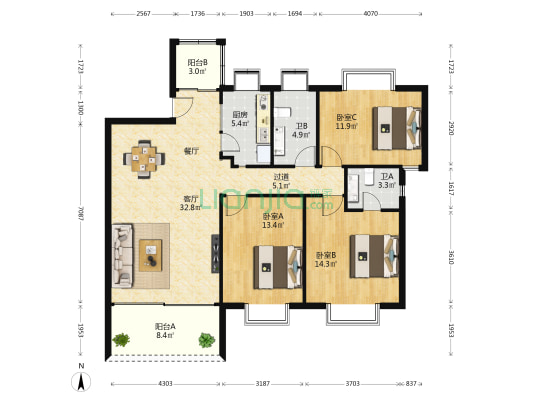 海逸花园 3室1厅2卫 117平方