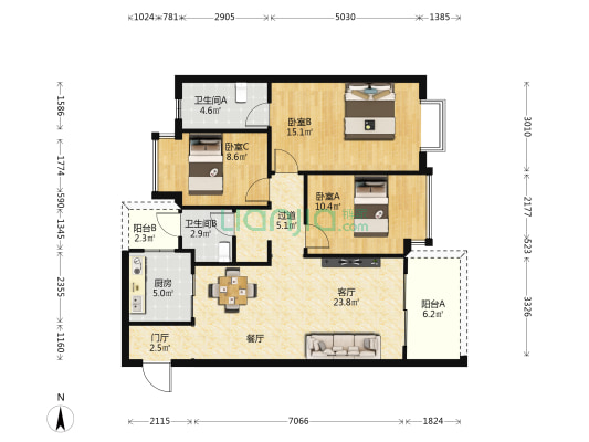 万科城乘峰上 3室1厅2卫 107平方