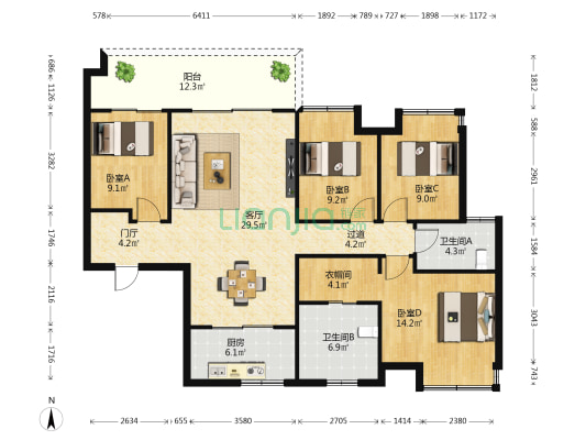 招商雍华府 4室1厅2卫 143平方