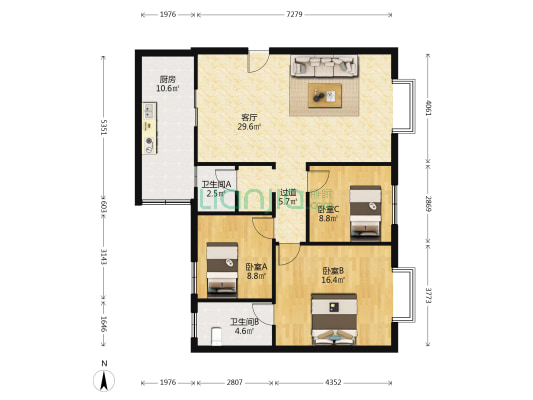 杨家山 3室1厅2卫 102平方